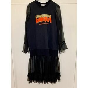 UOOYAA Mini Dress Godzilla Graphic Print Black Small Chiffon Long Sleeve Ruffle